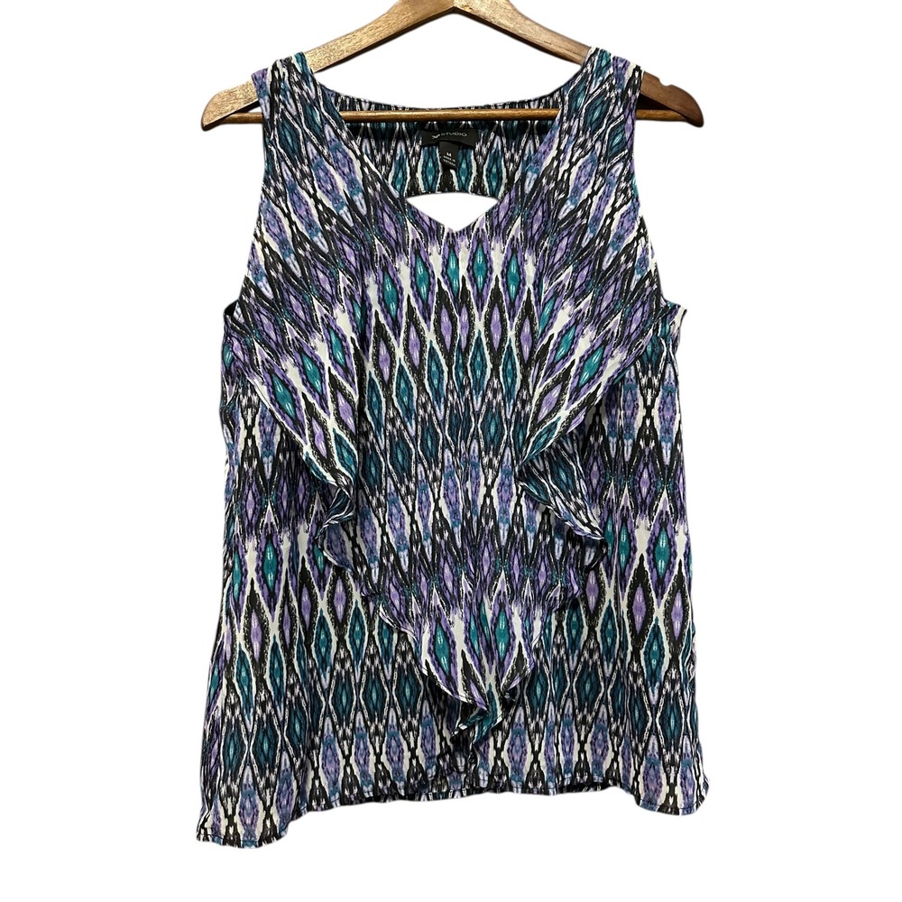 AB Studio Womens Medium Top Sleeveless Purple Teal Diamond Print Ruffle Blouse